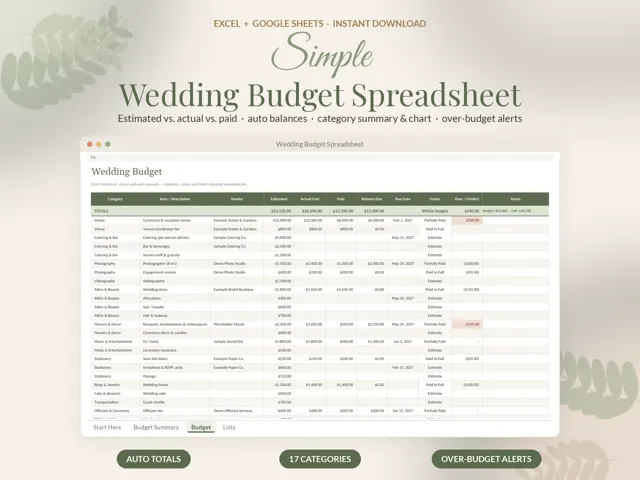 Wedding Budget Spreadsheet preview