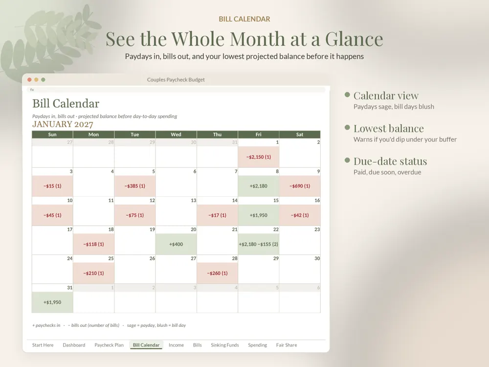 Couples Paycheck Budget: bill calendar