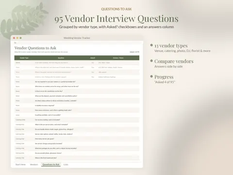 Wedding Vendor Tracker questions preview