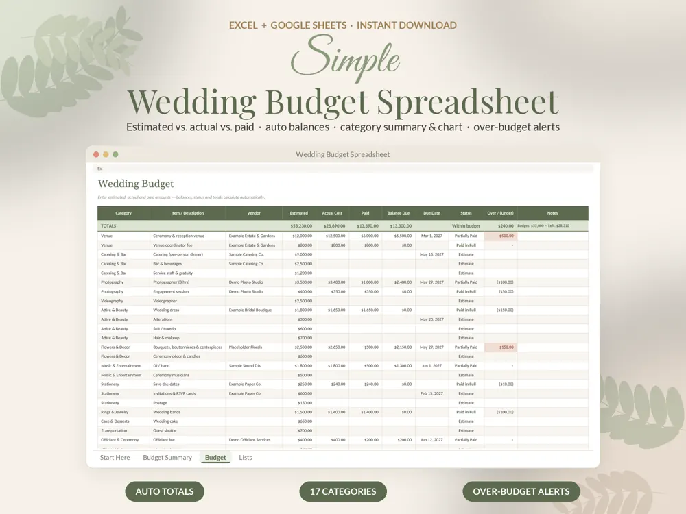 Wedding Budget Spreadsheet cover preview