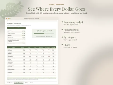 Wedding Budget Spreadsheet summary preview