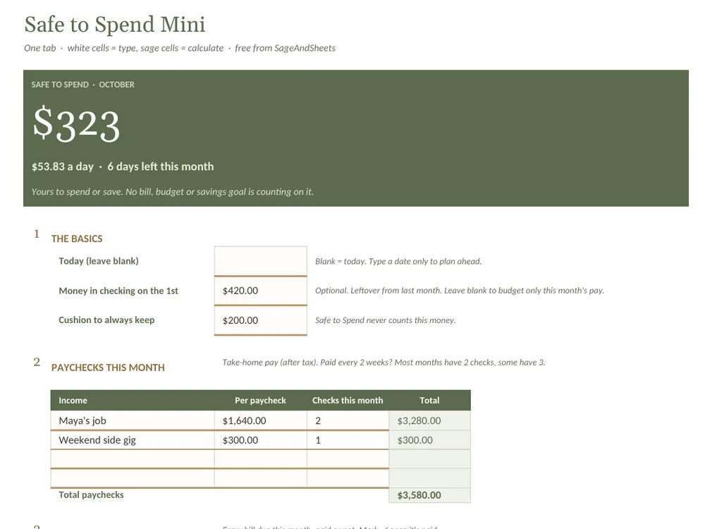 Safe to Spend Mini spreadsheet preview