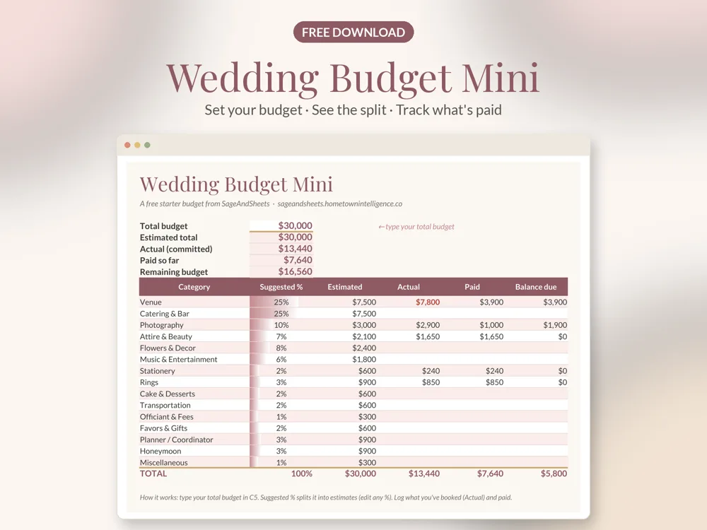 Wedding Budget Mini spreadsheet preview